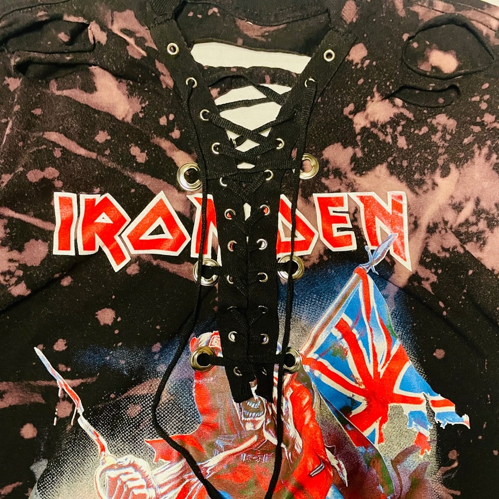 IRON MAIDEN Womens Small T Shirt Distressed Holes The Trooper Tie Dye Metal Rock - Picture 4 of 10